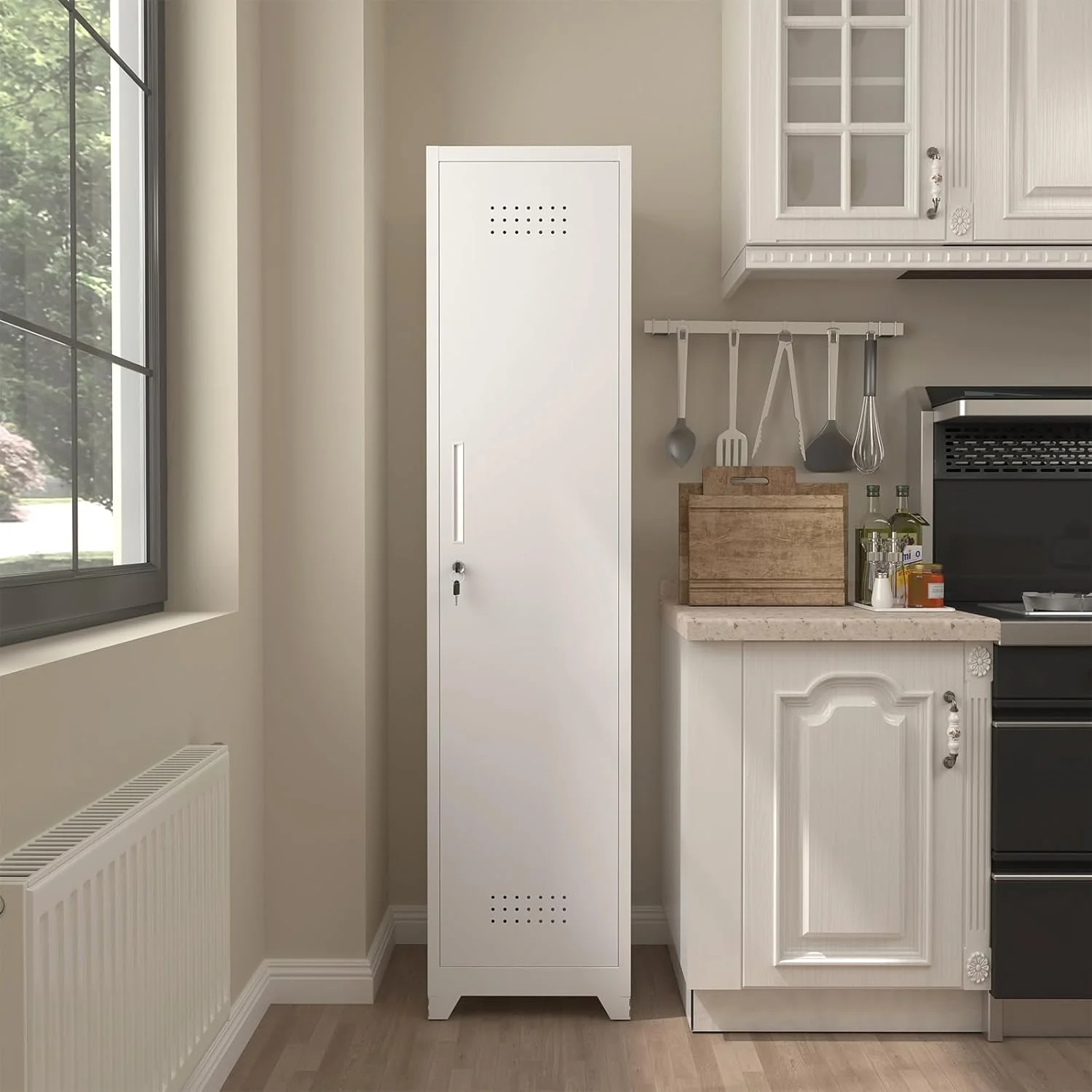 Marcree Slim Broom Storage Cabinet, Metal Cabinet with Shelves and Hanging Rod, 65