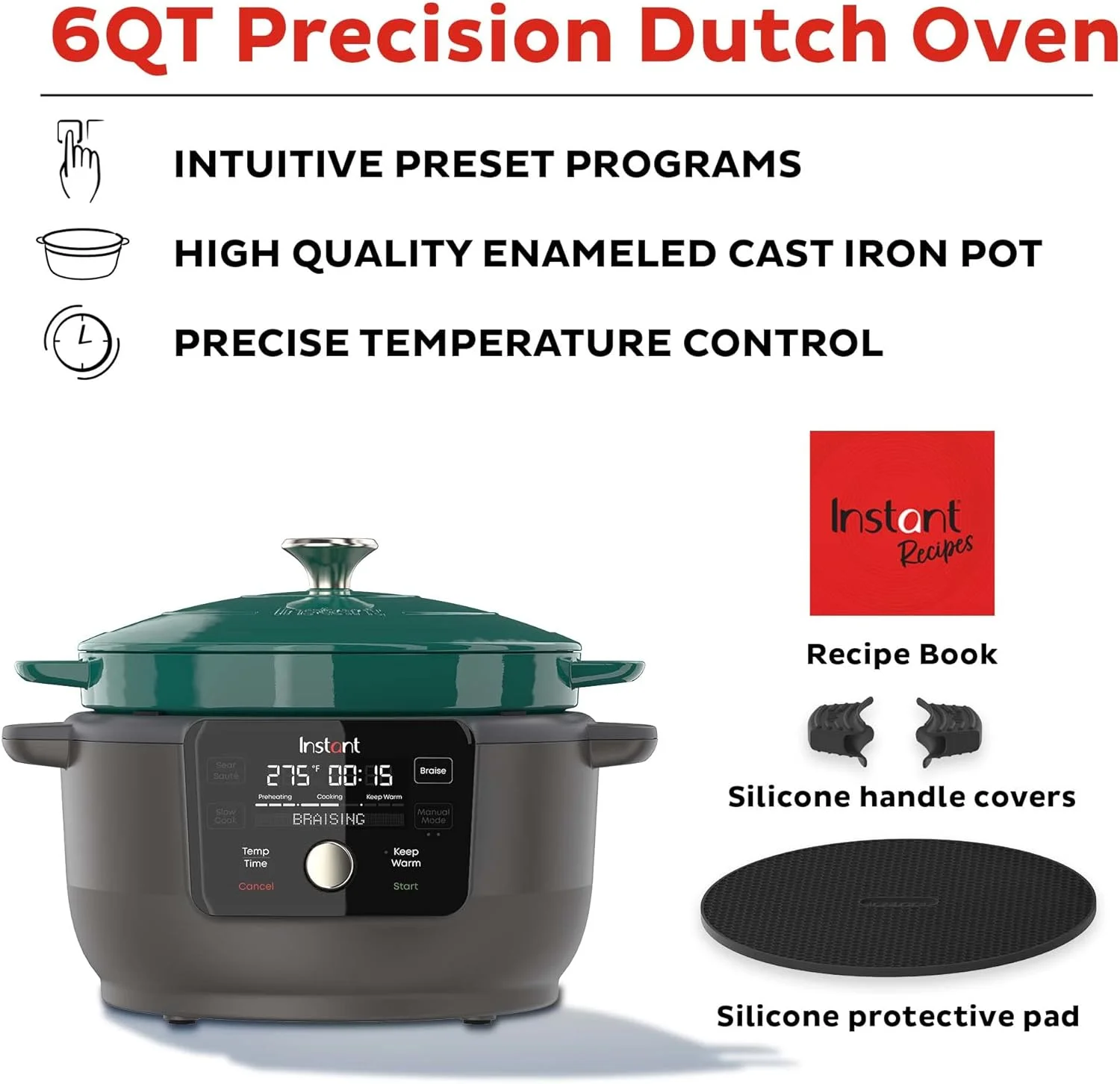 Instant Electric Round Dutch Oven, 6-Quart 1500W, From the Makers of Instant Pot, 5-in-1: Braise, Slow Cook, Sear/Saut��, Cooking Pan, Food Warmer, Enameled Cast Iron, Included Recipe Book, Green