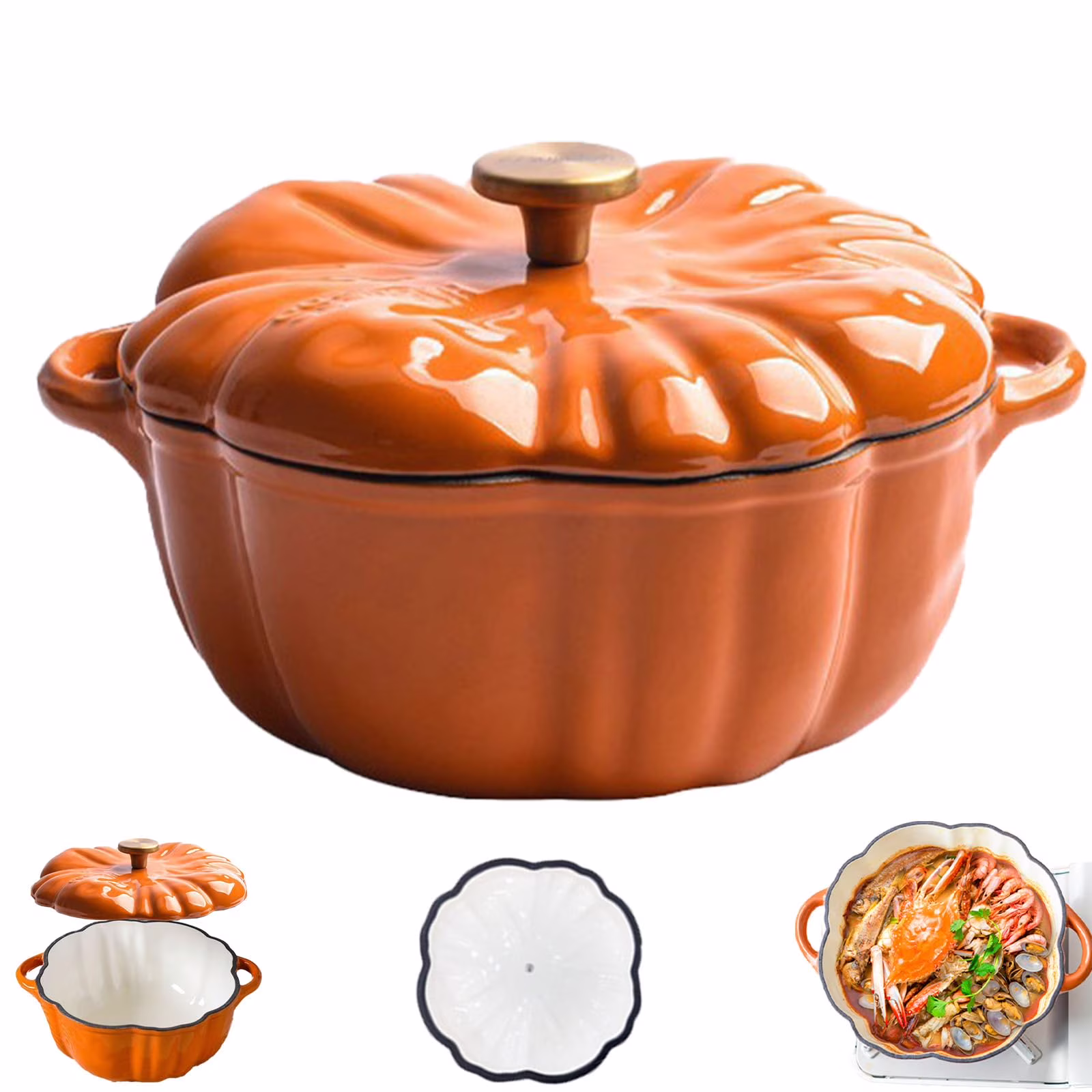 WWKQQ Pumpkin Dutch Oven Pot, Enameled Cast Iron 4-Quart Cookware with Lid �C Non-Stick, All Stovetops Safe for Braising/Stews