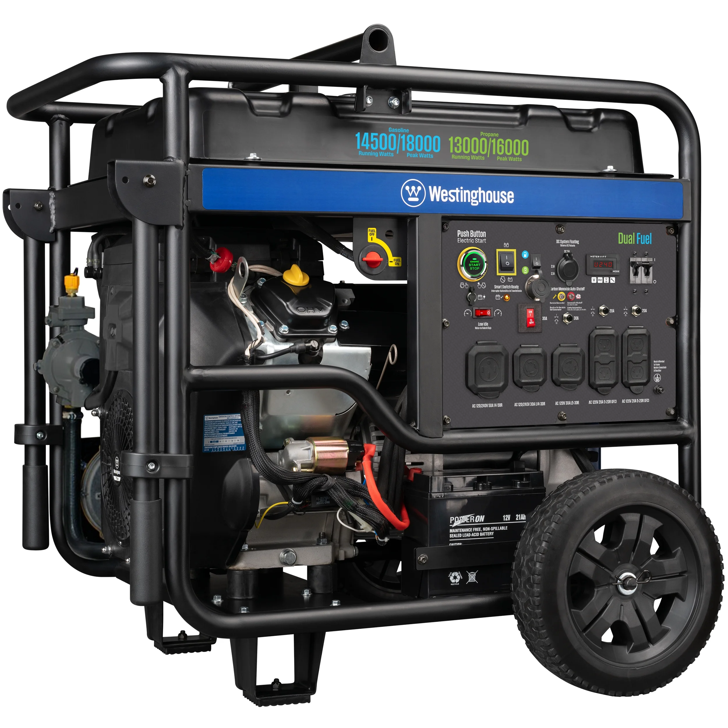 Westinghouse 18000 Peak Watt Dual Fuel Home Backup Portable Generator, Remote Electric Start, Transfer Switch Ready, Gas & Propane Powered, CO Sensor
