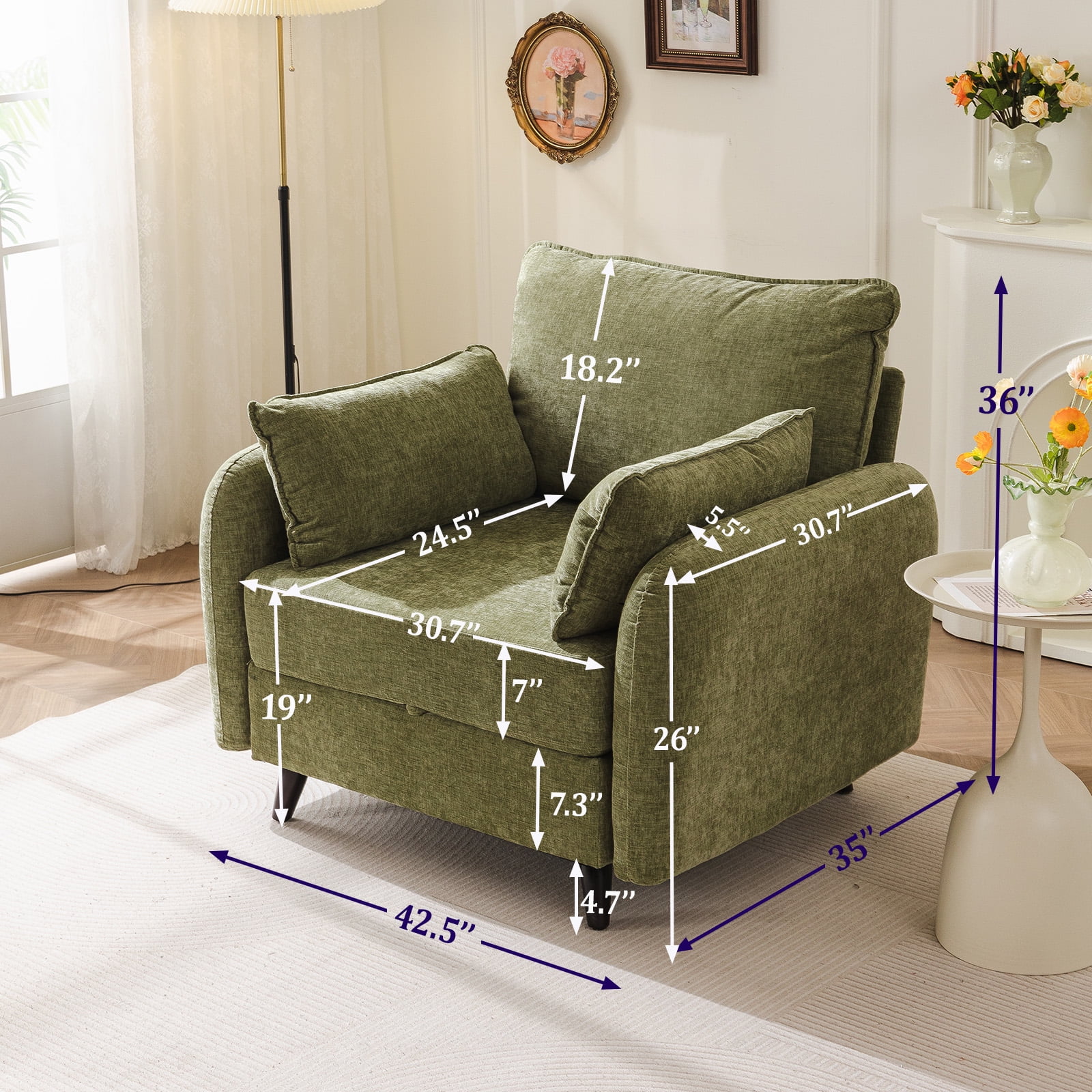 Rexulqo Oversized Accent Chair with All Seats Storage,Comfy Living Room Chairs with 2 Throw Pillow,Upholstered Mid-Century Armchair,24.5'' Deep Seat,Reading Chair For Bedroom ,Office,Chenille,Green