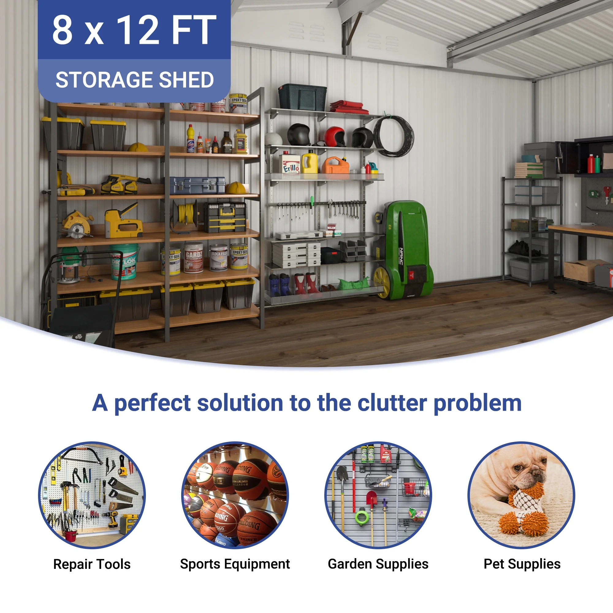 NETAJE 8x12 FT Outdoor Metal Shed with Updated Aluminum Frame, Storage Shed with Lockable Doors & Sliding Roof for Backyard, Garden, Gray