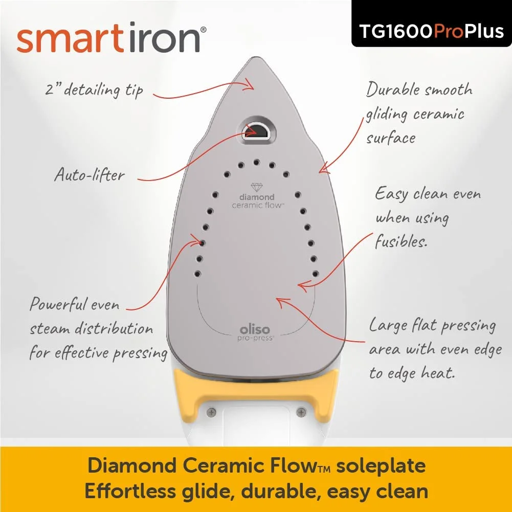 Oliso TG1600 Pro Plus 1800 Watt SmartIron with Auto Lift - for Clothes, Sewing, Quilting and Crafting Ironing | Diamond Ceramic-Flow Soleplate Steam Iron, Yellow