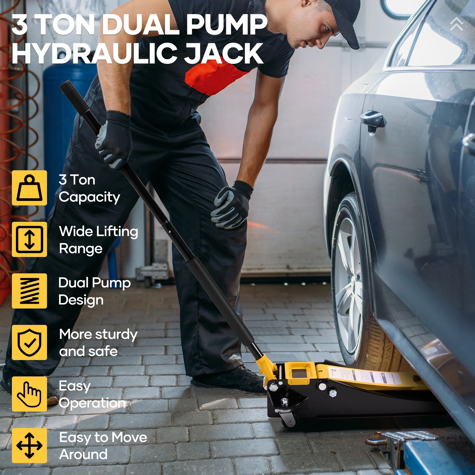 Naipo 3 Ton Low Profile Floor Jack, Dual Piston Hydraulic Pump, Heavy Duty All Steel Construction, Lifting Range 2.8