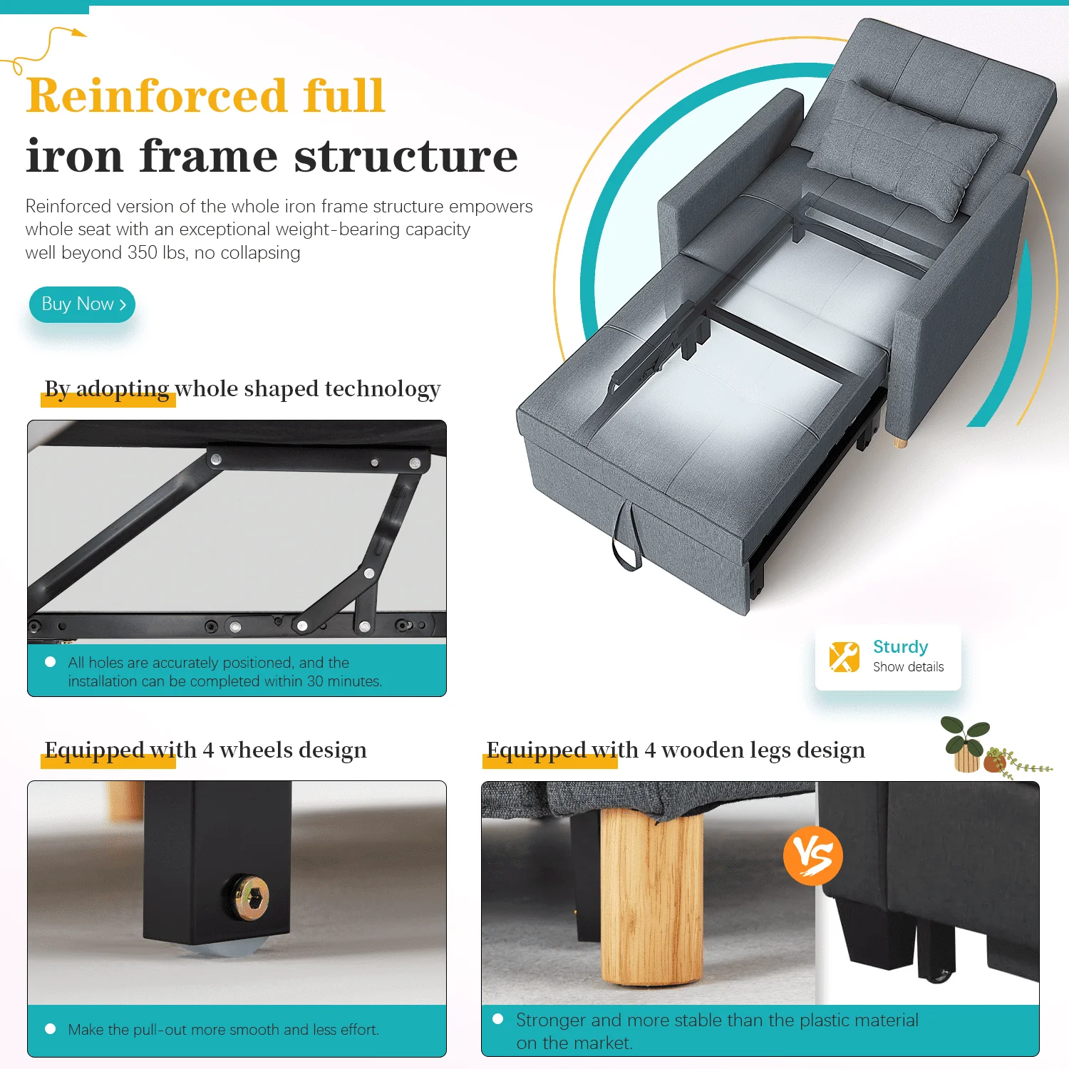 YODOLLA Sleeper Sofa Chair 3 in 1 Sleeper Chairs for Adults Pull Out Chair Bed Sleeper with Extra Pillow and Convertible Backrest Multi-Functional Fold Out Chair Bed for Small Space (Dark Grey)