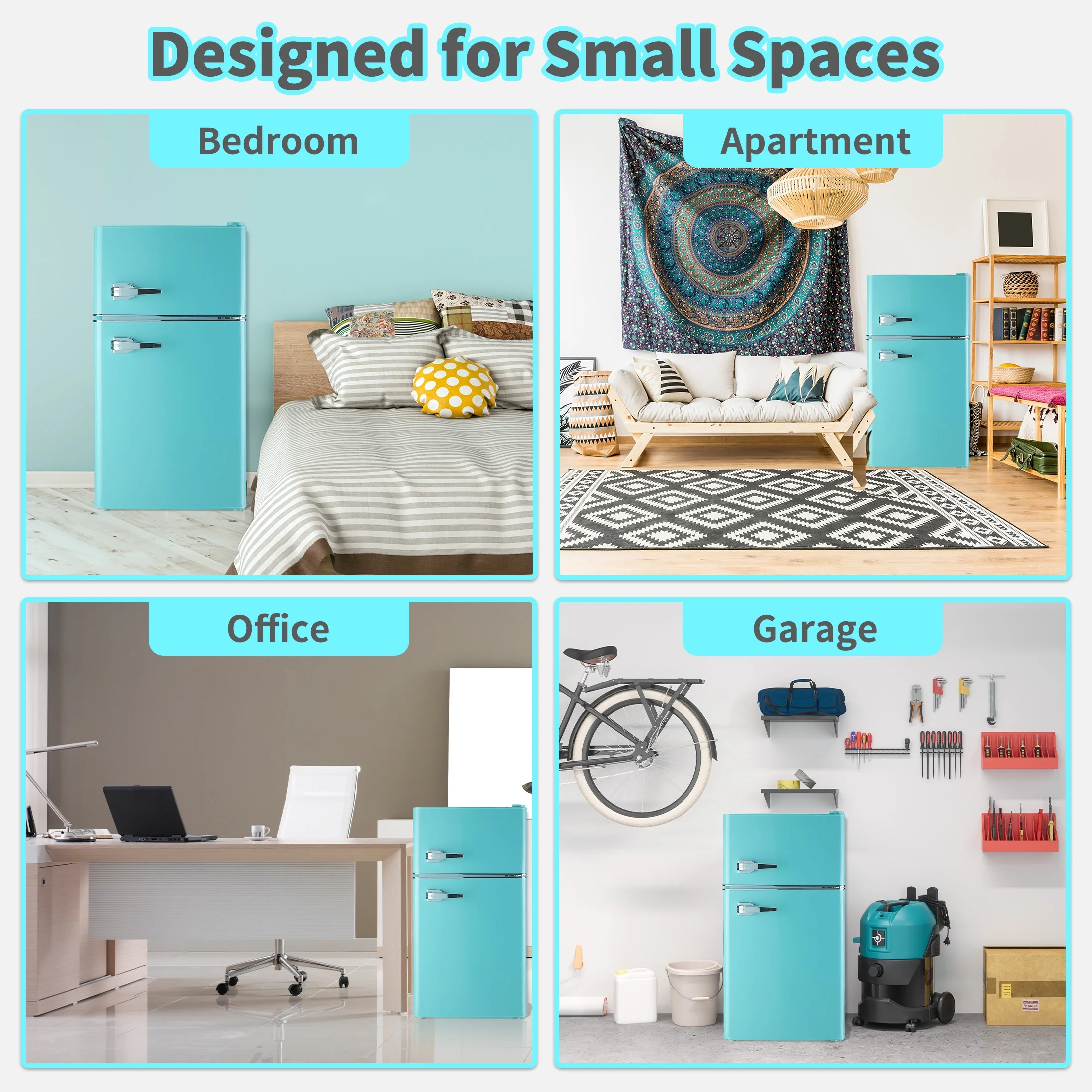 2 Door Mini Fridge with Freezer,3.5Cu.ft Small Freezer,7 Adjustable Thermostat,Blue,New