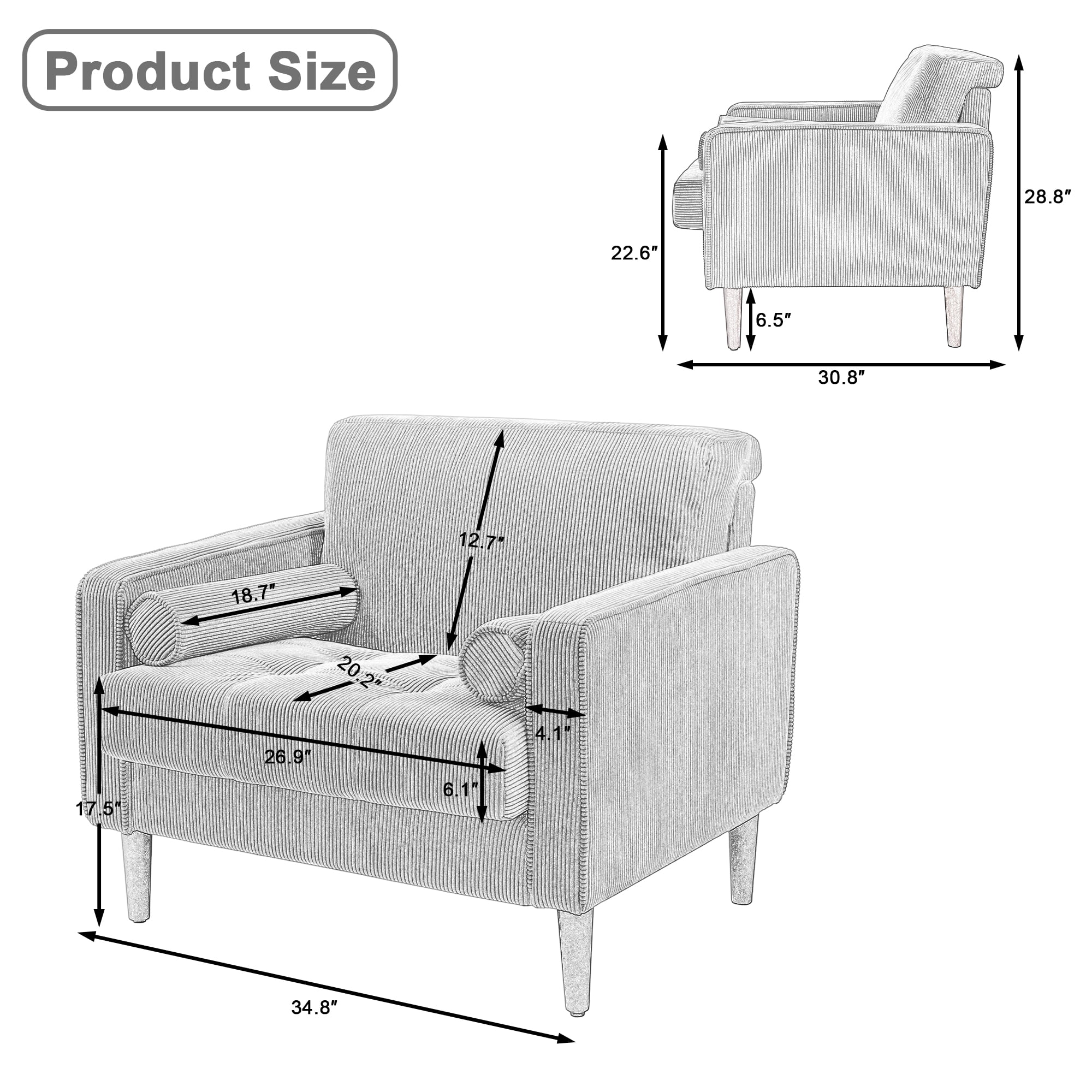 UIXE Corduroy Accent Chair Modern Upholstered Arm Chairs Comfy Reading Armchair with Pillow Armrest Tufted Living Room Single Sofa Lounge Seat, Yellow