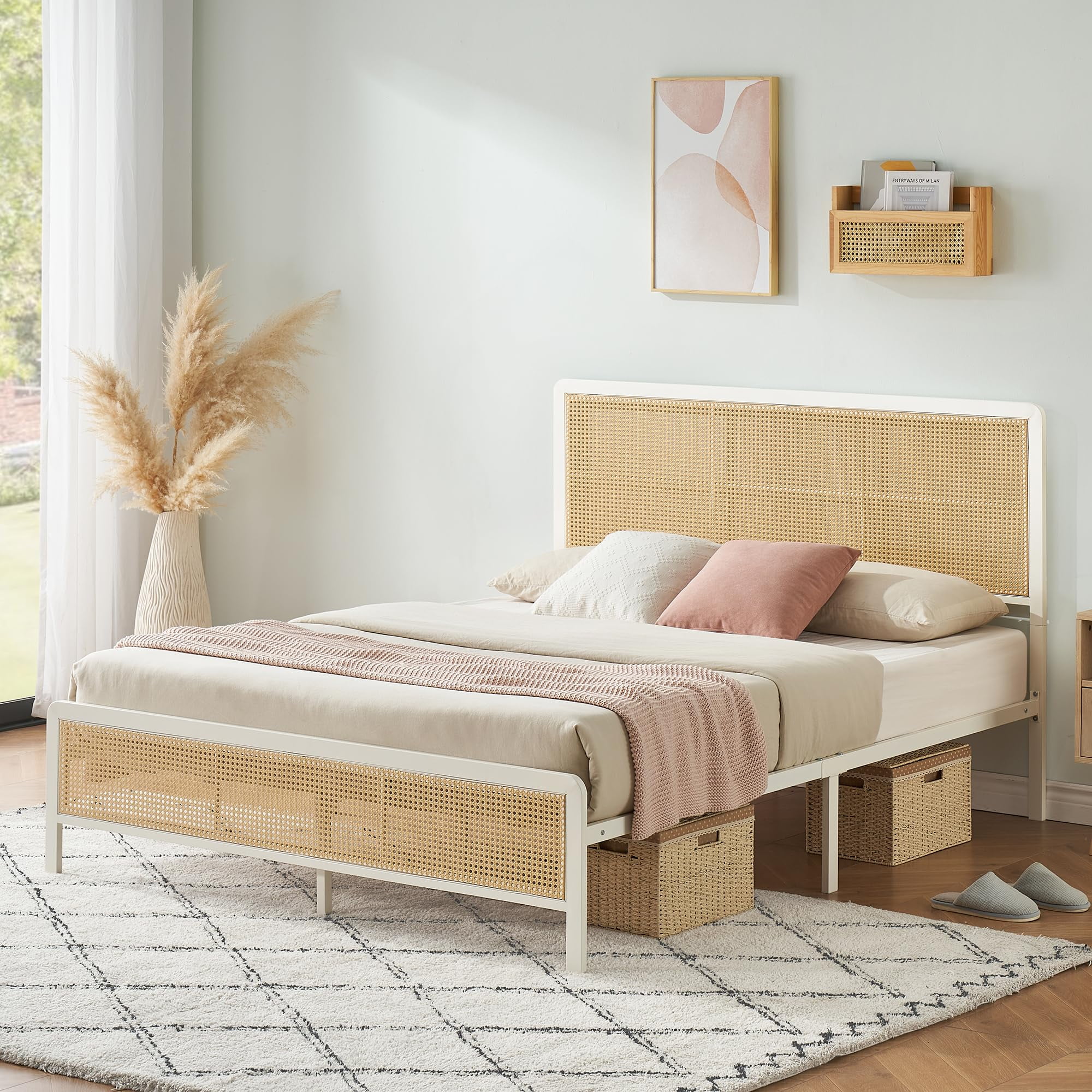 Danolapsi Full Size Bed Frame with Rattan Headboard,Rattan Platform Bed Frame,Modern Style Cane Bed Frames with Heavy Duty Sturdy Steel Slat Support,No Box Spring Needed