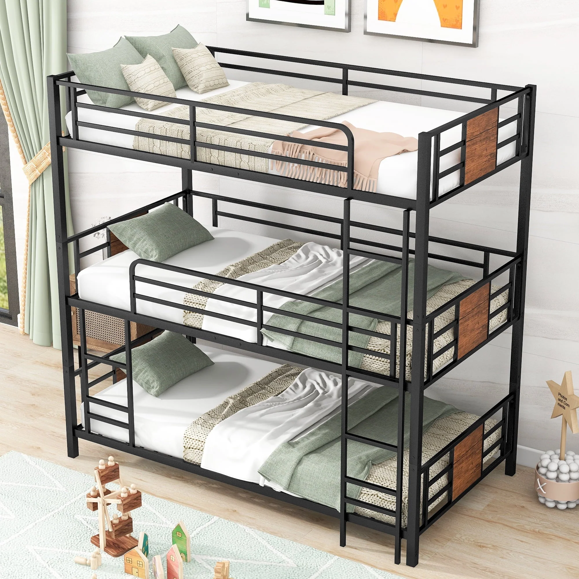 Euroco Metal Twin over Twin over Twin Bedroom Bunk Bed, Triple 3-in-1 Bed, Brown