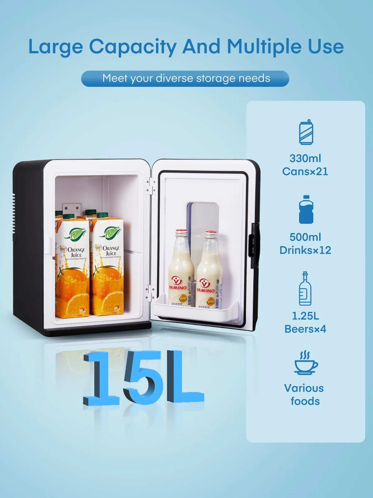 15L Mini Fridge, 21 Can Bedroom Refrigerator, Portable Cooler &Warmer, Beverage & Skincare, 110V/12V, Black