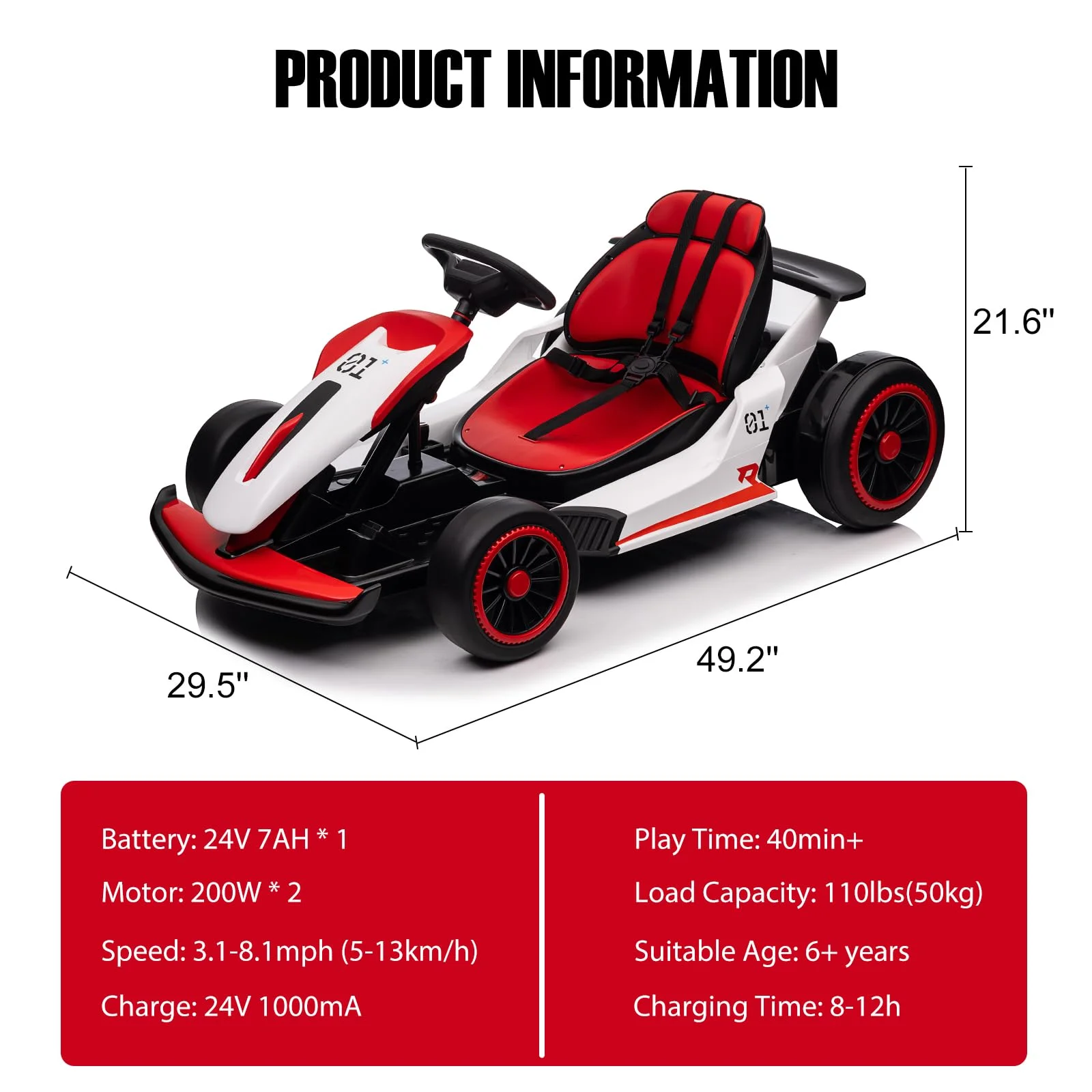 24V  Drift Kart with 2X150W Strong Motor, 7AH Big Battery, Electric Pedals, Electric Go Kart Outdoor Race Toy