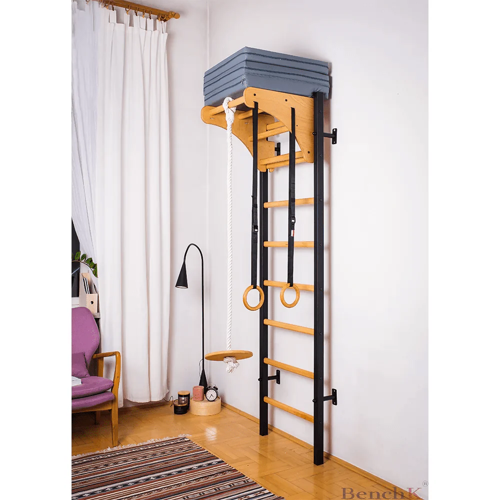 BenchK 211 Black + A076 Wall bars with adjustable beech wood pull-up bar and gymnastic accessories
