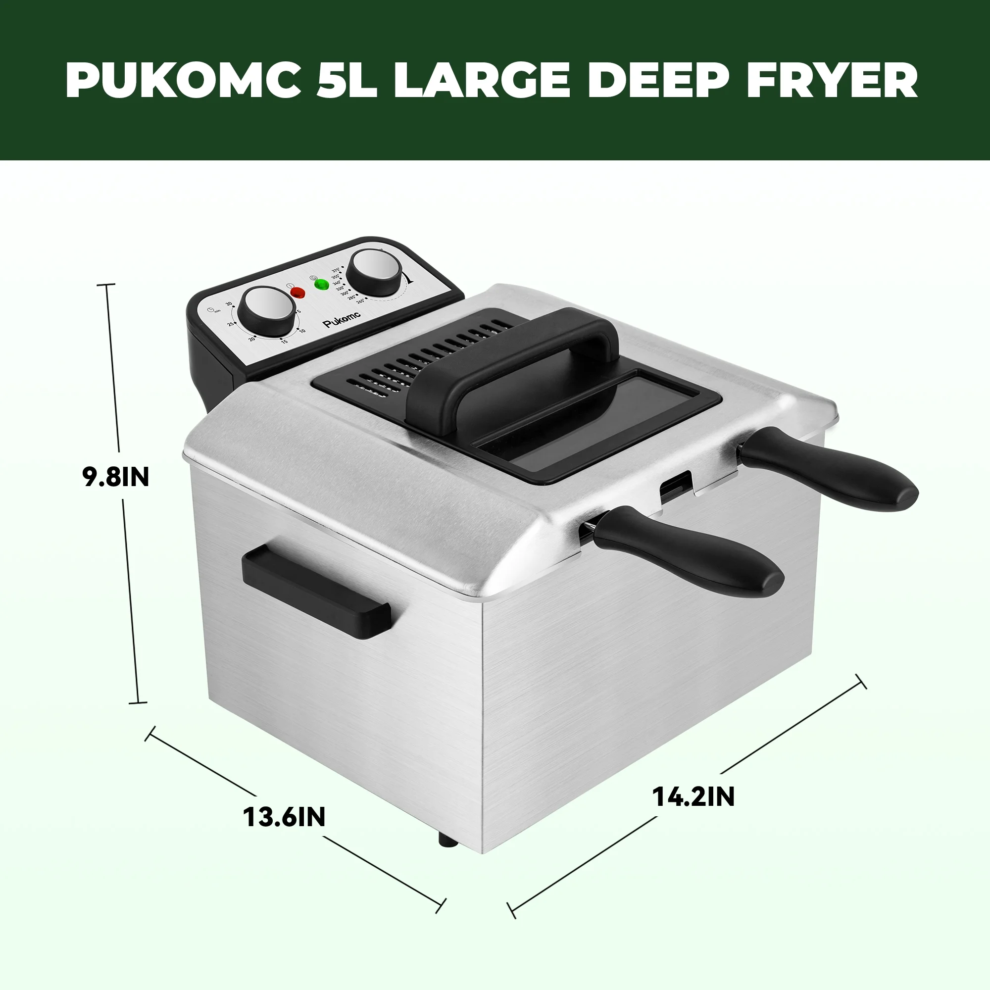 SUSTEAS 5.3 Qt Electric Deep Fryer with 3-Baskets for Home, 1800W, Timer & Temp Control, Stainless Steel & Black