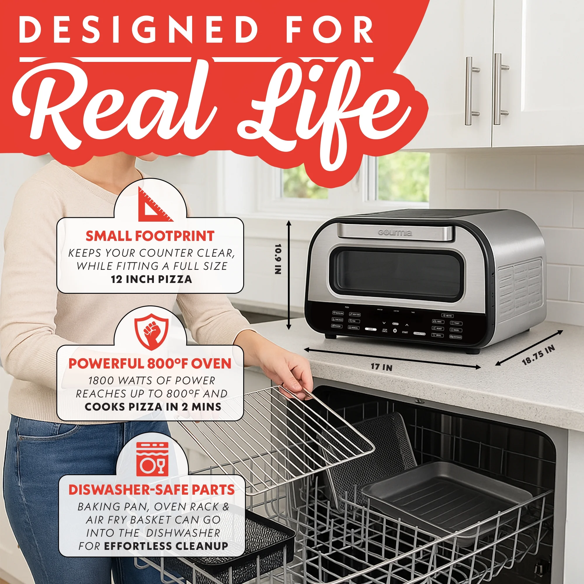 Gourmia Indoor Pizza Oven - All-in-One with 7 Cooking Functions, 6 Pizza Presets, Stainless Steel