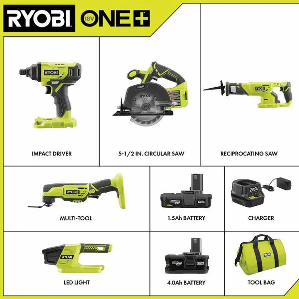 ONE+ 18V Cordless 5-Tool Combo Kit with One 4.0 Ah Battery, One 1.5 Ah Battery, 18V Charger, and Bag